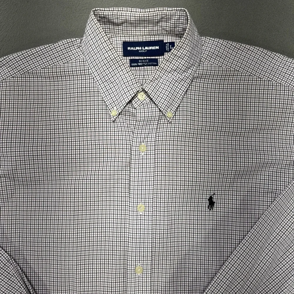Ralph Lauren Blake Golf Shirt Mens Size Large Pink Gray‎ Button-Down Long Sleeve